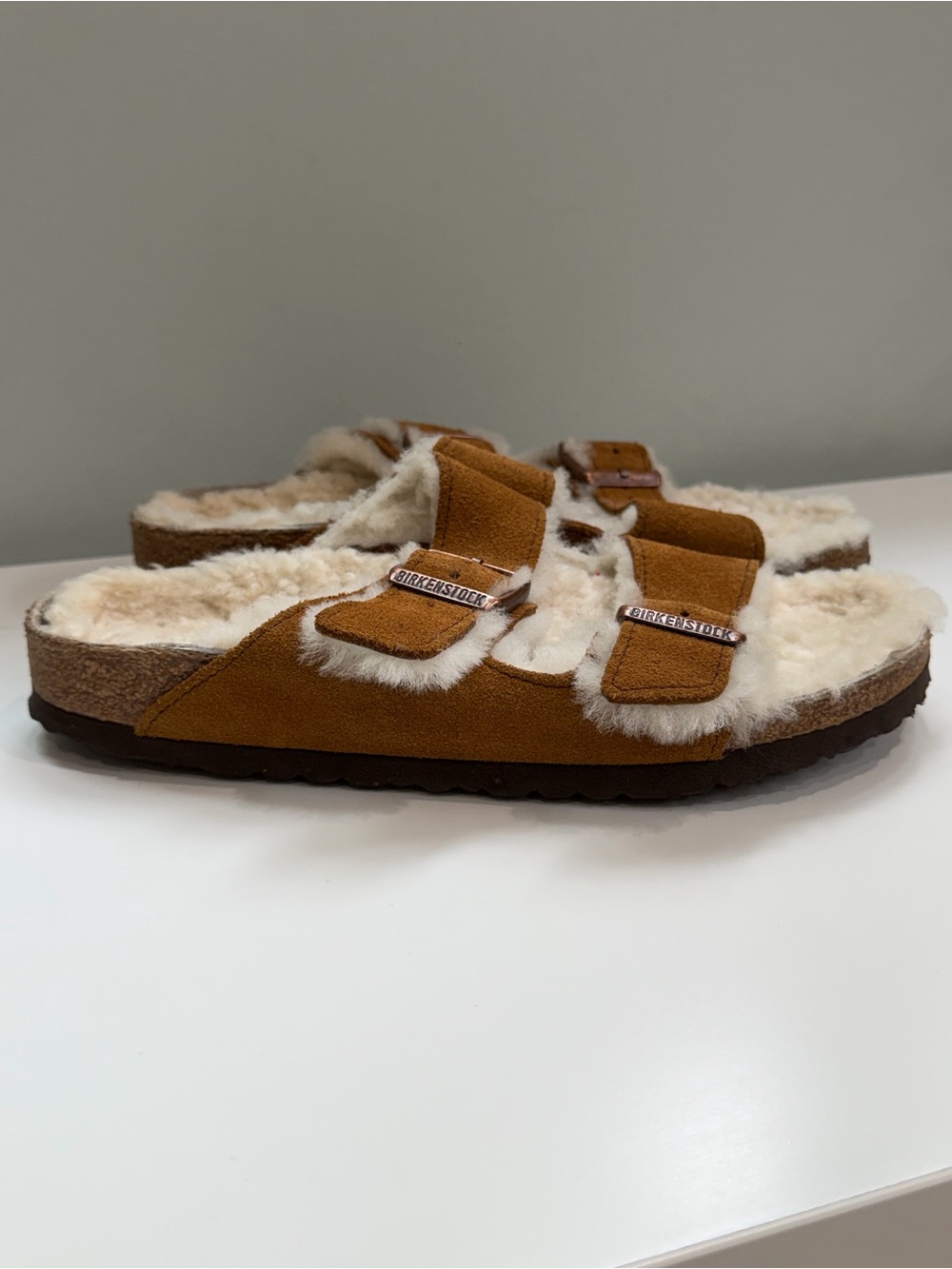 Birkenstock Arizona Shearling Fur Lined Suede EU 40 Chestnut Slip On Sandals